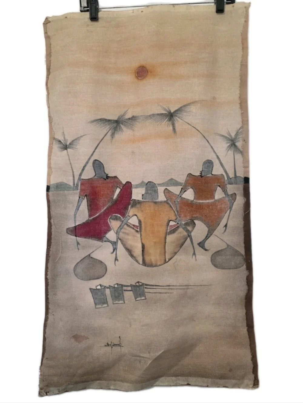 Africian Tanzanian batik painting Wall Decor Maasai sunset scene 18 X 33 Beige